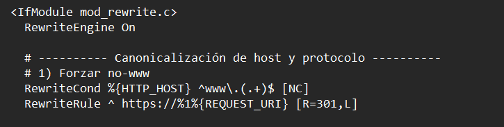 archivo htaccess con las redirecciones correctas del dominio