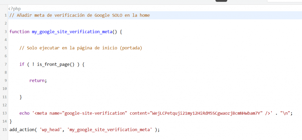 insertando verificacion de dominio en google mediante la insercion de etiqueta meta con WPCode