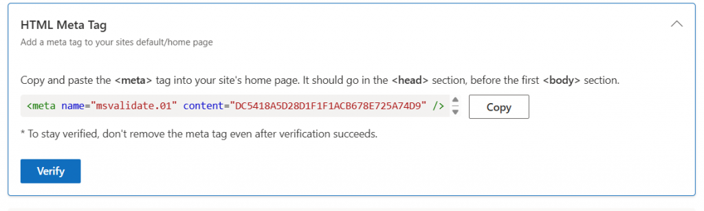 verificar dominio en bing mediante la insercion de etiqueta meta